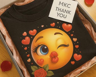 Camiseta de San Valentín con emoji de beso y guiño, con corazones y rosas, regalo unisex para parejas.