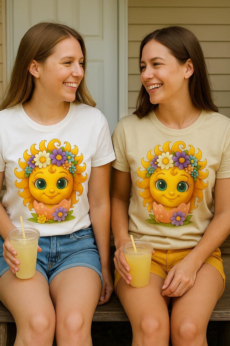 Cute cartoon sun character with big teal eyes and golden wavy rays, wearing a colorful daisy and flower crown, smiling from inside a cracked pastel pink egg covered in little hearts, with bright flowers and green grass at the base and a soft blue glowing sky behind. Playful spring and Easter graphic art, perfect for a cheerful kids T shirt design.