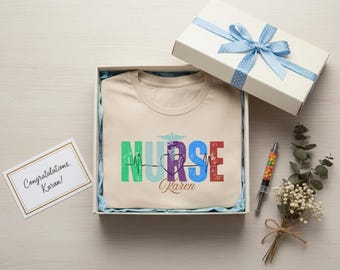 Personalized Nurse T-Shirt, Custom Tee, Medical Shirt, Health Worker Gift, Nursing Apparel, Rainbow Name