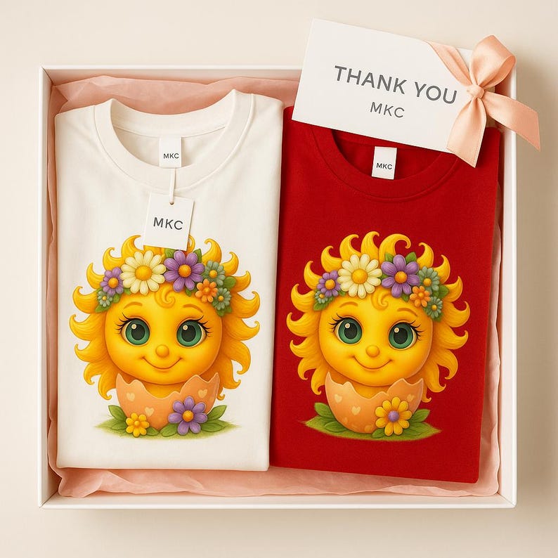 Cute cartoon sun character with big teal eyes and golden wavy rays, wearing a colorful daisy and flower crown, smiling from inside a cracked pastel pink egg covered in little hearts, with bright flowers and green grass at the base and a soft blue glowing sky behind. Playful spring and Easter graphic art, perfect for a cheerful kids T shirt design.