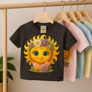 Cute cartoon sun character with big teal eyes and golden wavy rays, wearing a colorful daisy and flower crown, smiling from inside a cracked pastel pink egg covered in little hearts, with bright flowers and green grass at the base and a soft blue glowing sky behind. Playful spring and Easter graphic art, perfect for a cheerful kids T shirt design.