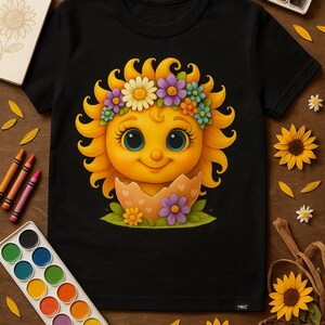 Cute cartoon sun character with big teal eyes and golden wavy rays, wearing a colorful daisy and flower crown, smiling from inside a cracked pastel pink egg covered in little hearts, with bright flowers and green grass at the base and a soft blue glowing sky behind. Playful spring and Easter graphic art, perfect for a cheerful kids T shirt design.