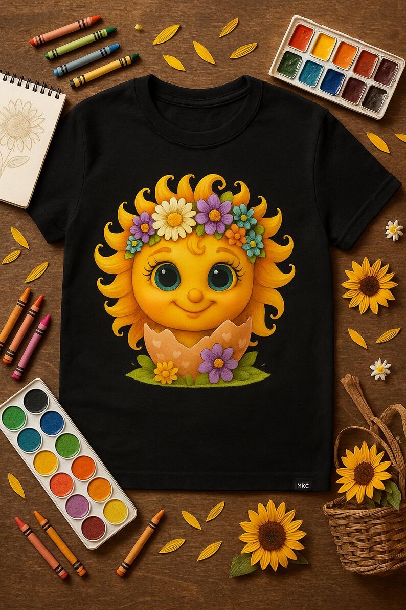 Cute cartoon sun character with big teal eyes and golden wavy rays, wearing a colorful daisy and flower crown, smiling from inside a cracked pastel pink egg covered in little hearts, with bright flowers and green grass at the base and a soft blue glowing sky behind. Playful spring and Easter graphic art, perfect for a cheerful kids T shirt design.