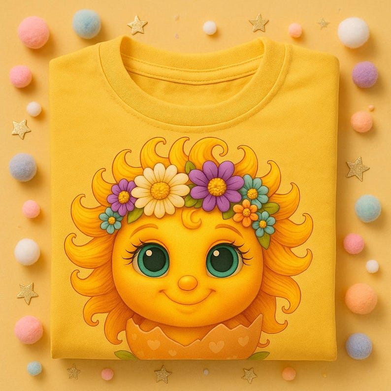 Cute cartoon sun character with big teal eyes and golden wavy rays, wearing a colorful daisy and flower crown, smiling from inside a cracked pastel pink egg covered in little hearts, with bright flowers and green grass at the base and a soft blue glowing sky behind. Playful spring and Easter graphic art, perfect for a cheerful kids T shirt design.