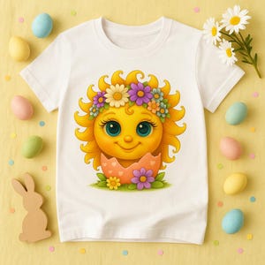 Cute cartoon sun character with big teal eyes and golden wavy rays, wearing a colorful daisy and flower crown, smiling from inside a cracked pastel pink egg covered in little hearts, with bright flowers and green grass at the base and a soft blue glowing sky behind. Playful spring and Easter graphic art, perfect for a cheerful kids T shirt design.