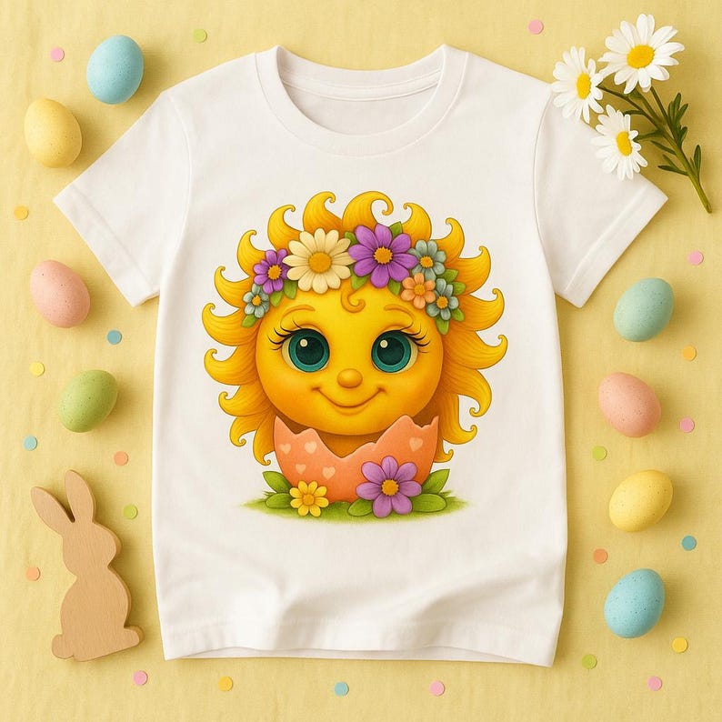 Cute cartoon sun character with big teal eyes and golden wavy rays, wearing a colorful daisy and flower crown, smiling from inside a cracked pastel pink egg covered in little hearts, with bright flowers and green grass at the base and a soft blue glowing sky behind. Playful spring and Easter graphic art, perfect for a cheerful kids T shirt design.