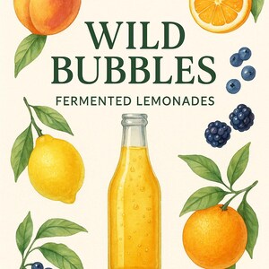 Könnte beinhalten: Aquarellillustration mit einer Flasche gelber Flüssigkeit, umgeben von Früchten und Blättern. Der Text "WILD BUBBLES FERMENTED LEMONADES" ist grün dargestellt. Früchte: Pfirsich, Orange, Zitrone, Blaubeeren und Brombeeren.