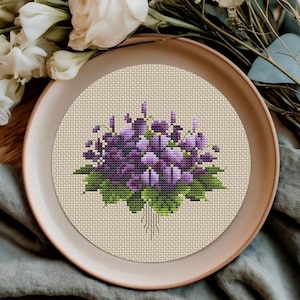 Cross stitch Violets pattern for embroidery DMC, Purple Flowers design, Spring Floral Traditional pattern, PDF pattern digital download