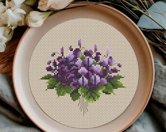 スミレの花束のクロスステッチパターン、鉢植えの花のクロスステッチ