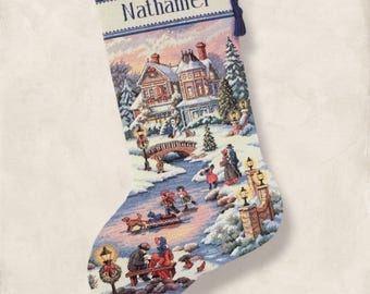 Christmas Stocking Winter Twilight cross stitch winter village pattern, 4 Seasons, New Year PDF + XSD Saga pattern instant digital download