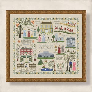 Può includere: Un sampler a punto croce incorniciato con scene e personaggi di "Orgoglio e Pregiudizio" di Jane Austen. Il design include illustrazioni di case, persone e testo, il tutto in uno stile dettagliato e colorato. La cornice è in legno naturale e caldo.