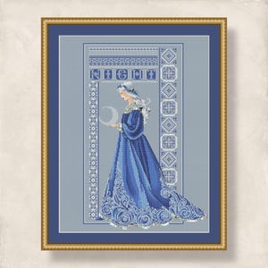 Cross stitch Celtic Lady Night pattern for embroidery, Blue Angel design, 4 Season Christmas Queen, PDF pattern digital download