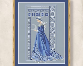 Cross stitch Celtic Lady Night pattern for embroidery, Blue Angel design, 4 Season Christmas Queen, PDF + XSD Saga pattern digital download