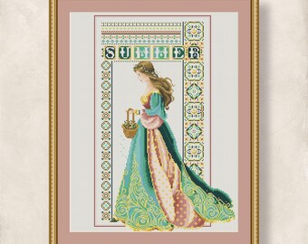 Cross stitch Celtic Lady Summer 1 pattern for embroidery, Green and Pink  Dress design, 4 Seasons Queen, PDF + XSD Saga digital download