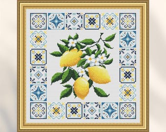 Cross stitch Lemons on the Mediterranean Tile pattern for embroidery DMC, Summer Kitchen design, Greek Tile, PDF pattern digital download