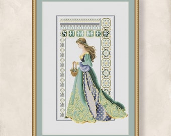 Cross stitch Celtic Lady Summer pattern for embroidery, Floral Dress design, 4 Seasons Flower Queen, PDF + XSD Saga pattern digital download