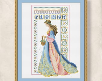 Cross stitch Celtic Lady Summer 2 pattern for embroidery, Blue and Pink Dress design, 4 Seasons Queen, PDF + XSD Saga digital download
