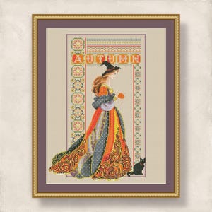 Cross stitch Celtic Lady Halloween pattern for embroidery, Orange Dress design, 4 Seasons Autumn Queen, PDF digital download