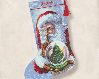 Christmas Stocking Santa with a Snow Globe cross stitch winter pattern, Christmas, New Year PDF + XSD Saga pattern digital download