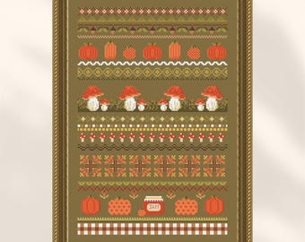 Kreuzstich Stickmuster, Herbst Samler Stickmuster DMC, Nüsse, Blätter, Pilze, Kürbis Design, PDF Stickmuster Sofortiger digitaler Download