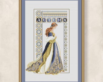 Cross stitch Celtic Lady Autumn pattern for embroidery, Women Dress design, 4 Seasons Autumn Queen, PDF + XSD Saga pattern digital download