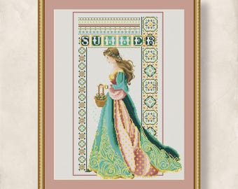 Cross stitch Celtic Lady Summer 1 pattern for embroidery, Green and Pink Dress design, 4 Seasons Queen, PDF + XSD Saga digital download