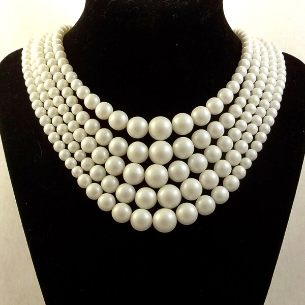 Vintage Statement Necklace 1960s White Pearl Multi Strand Beads