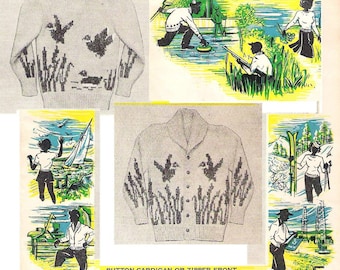 Vintage 1950s Mens Sweater Pattern Ducks Knitted Charted Design Unisex Adult Size 38 - 44 Bouquet 23B pdf