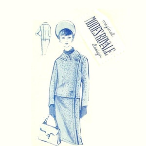 May include: A blue and white illustration of a woman wearing a blue dress and jacket with a matching hat. The illustration is from a vintage sewing pattern and includes the text "original MODES ROYALE Design".