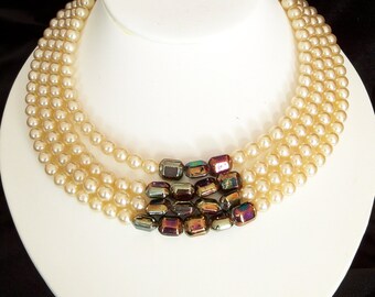 Pearl Necklace Iridescent Multi Strand Glass OOAK