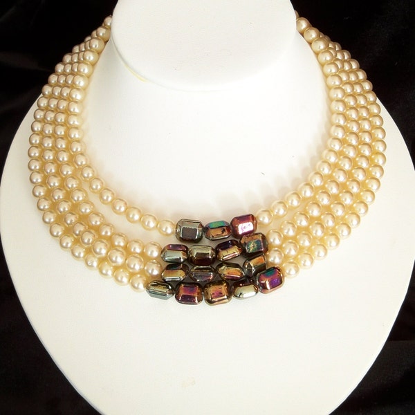 Pearl Necklace Iridescent Multi Strand Glass OOAK