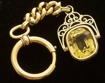 Antique 14k Rose Gold Chatelaine Natural Citrine Watch Fob Key Ring Keychain from Austria