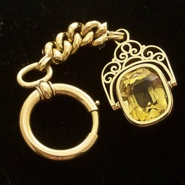 Antique 14k Rose Gold Chatelaine Natural Citrine Watch Fob Key Ring Keychain from Austria