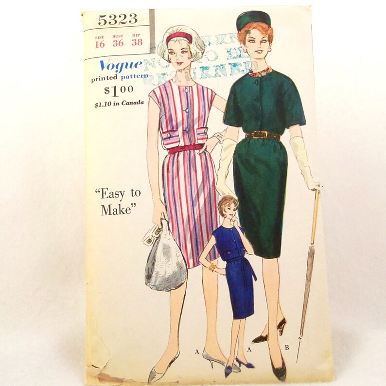 K&ouml;nnte beinhalten: Vintage Vogue Schnittmuster Nummer 5323 f&uuml;r ein Kleid. Das Schnittmuster enth&auml;lt Anleitungen zum N&auml;hen eines Kleides mit einem gestreiften Oberteil und einem einfarbigen Rock. Das Schnittmuster ist auf wei&szlig;em Hintergrund mit schwarzem Text gedruckt. Das Schnittmuster ist f&uuml;r die Gr&ouml;&szlig;en 16, 36 und 38.