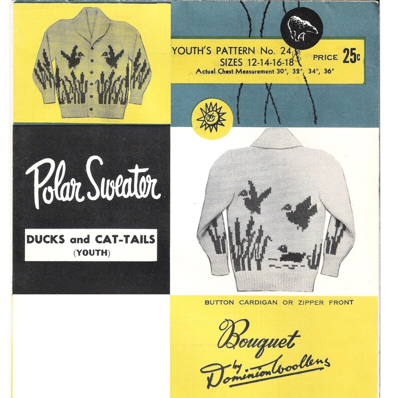 Vintage 1950s Duck Sweater Pattern Knitting Charted Design Unisex Size 30 36 Bouquet 24B pdf image 2
