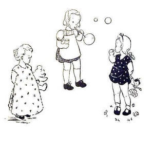 May include: Black and white illustration of three girls playing. One girl is blowing bubbles, another is holding a teddy bear, and the third is holding a doll.