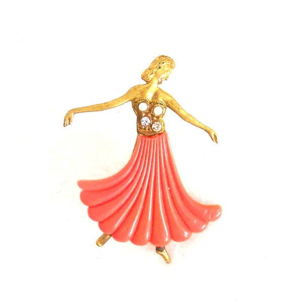 Vintage 1920s Art Deco Brooch Dancer Coral Pearls Rhinestones