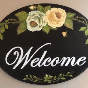 Welcome Wall Plaque - Hand Painted Roses