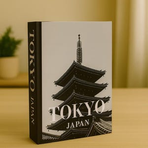May include: A black and white book with the words "TOKYO JAPAN" on the spine and cover. The cover features a photograph of a multi-tiered pagoda. The book is on a wooden surface.