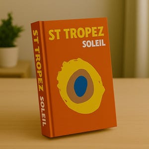 May include: An orange book titled "ST TROPEZ SOLEIL" with a yellow, brown, and blue graphic on the cover. The book is standing upright on a wooden surface. The spine of the book also displays the title.
