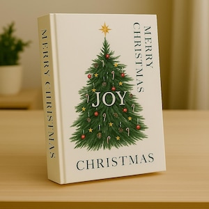 Könnte beinhalten: Ein dekoratives Buch mit einer Illustration eines Weihnachtsbaums. Der Baum ist mit roten Kugeln, Zuckerstangen und einem Stern geschmückt. Das Wort "JOY" steht mittig auf dem Baum, mit "MERRY CHRISTMAS" vertikal gedruckt.