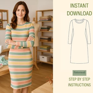 PDF Sewing Pattern – Women’s Long Sleeve Midi Dress – Beginner Friendly Digital Download – XS–XXL