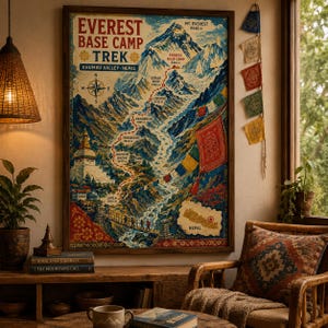 May include: A framed vertical wall art print depicting an Everest Base Camp trek map in the Khumbu Valley, Nepal. The illustration features mountain peaks, a red dotted trail, prayer flags, a stupa, and a small map of Nepal with text labels.