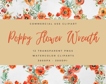 Poppy Flower Wreath Clipart | 12 Watercolor PNG Flowers | Transparent Background 300 DPI | Digital Download