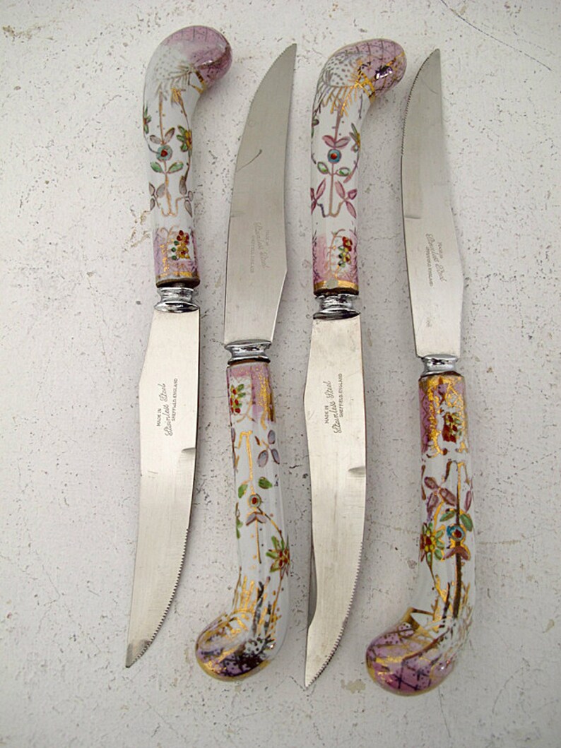 Vintage Porcelain Handle Sheffield Steak Knives Set of 4 Etsy