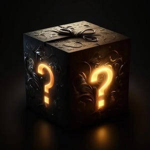 May include: A dark, ornate cube with a bow on top, featuring glowing question marks on two sides. The box has a detailed, carved design and is set against a black background, creating a mysterious and intriguing aesthetic.