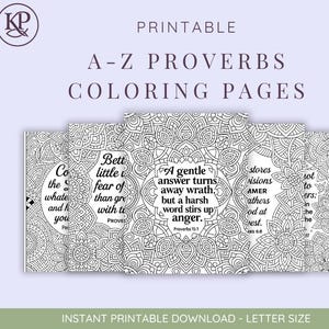 Peut inclure: Pages à colorier imprimables A-Z Proverbes. La conception présente plusieurs pages à colorier en noir et blanc avec des motifs de mandala complexes et des citations inspirantes. Les pages sont disposées en couches, avec le texte "PRINTABLE A-Z PROVERBS COLORING PAGES" en haut.