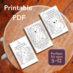 May include: Three rectangular printable PDF coloring pages featuring black and white line art of animals and floral borders. Card A shows a fox with Proverbs 15:1, card B a bear with Proverbs 15:16, and card C a bear with Proverbs 16:3.