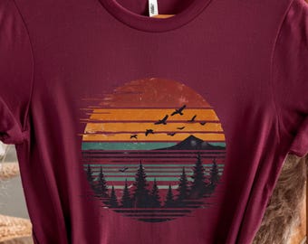 Retro Sunset Mountain Tee: Unisex Hiking Camping Shirt