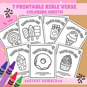 Puede incluir: Siete hojas para colorear con versículos bíblicos imprimibles con el texto "Gustad y ved" e ilustraciones de postres. La imagen incluye crayones y las palabras "Descarga instantánea".